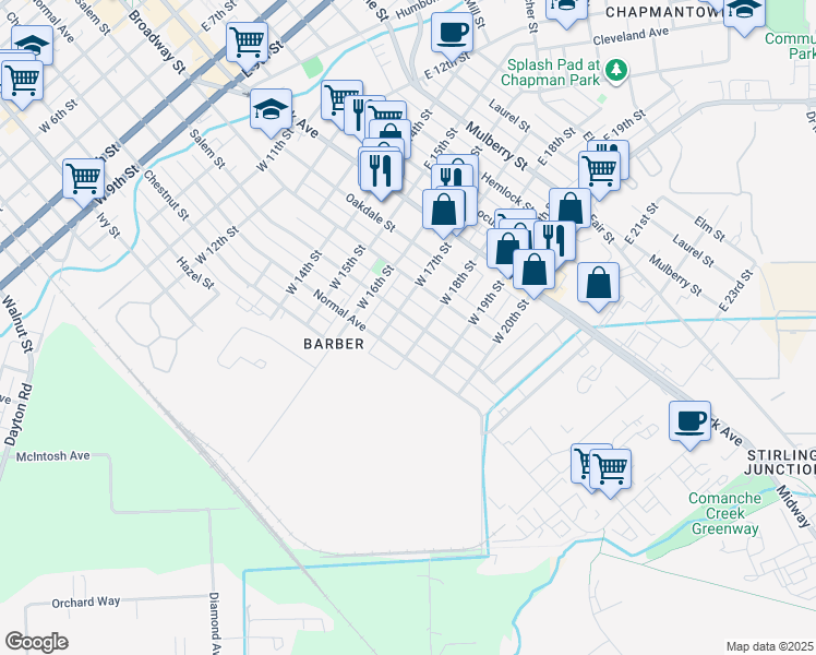 map of restaurants, bars, coffee shops, grocery stores, and more near 1702 Salem Street in Chico