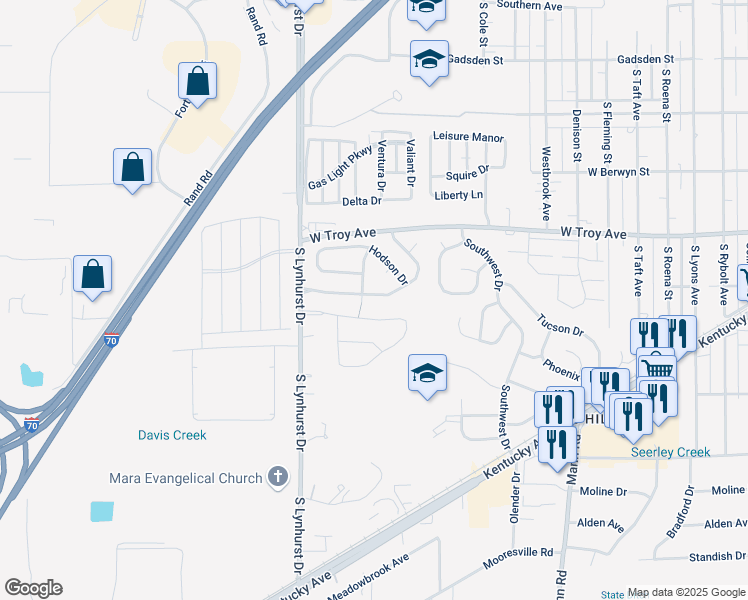 map of restaurants, bars, coffee shops, grocery stores, and more near 5036 Seerley Creek Road in Indianapolis