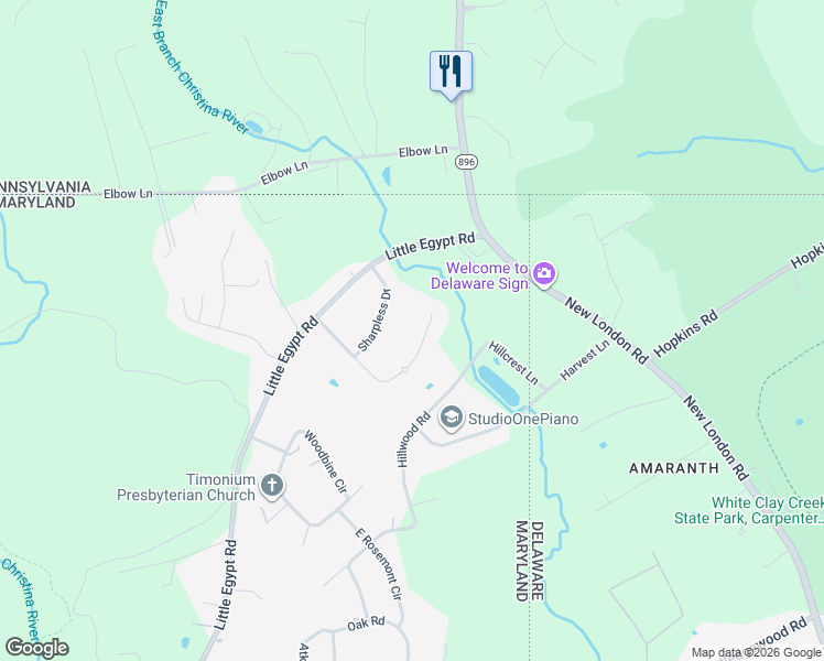 map of restaurants, bars, coffee shops, grocery stores, and more near 114 Sharpless Drive in Elkton