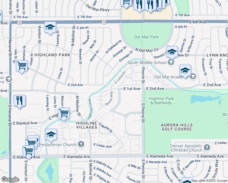 map of restaurants, bars, coffee shops, grocery stores, and more near 11716 East Canal Drive in Aurora