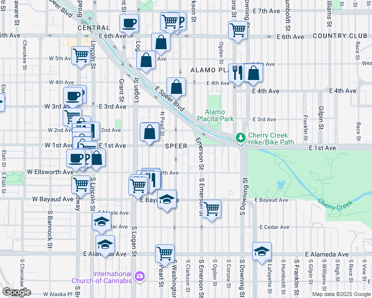 map of restaurants, bars, coffee shops, grocery stores, and more near 703 East 1st Avenue in Denver