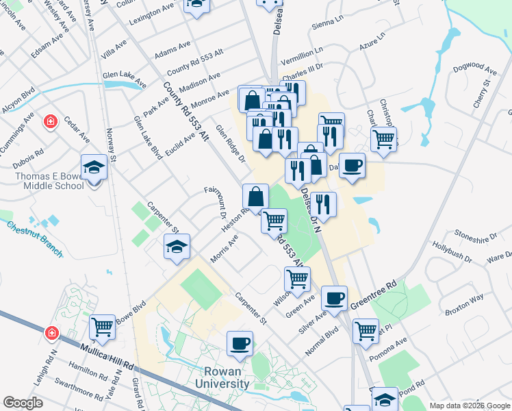map of restaurants, bars, coffee shops, grocery stores, and more near 901 North Main Street in Glassboro