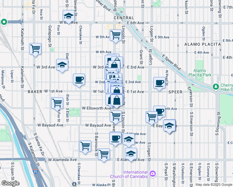 map of restaurants, bars, coffee shops, grocery stores, and more near in Denver