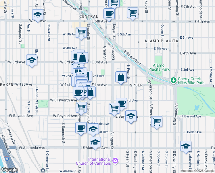 map of restaurants, bars, coffee shops, grocery stores, and more near 86 Grant Street in Denver