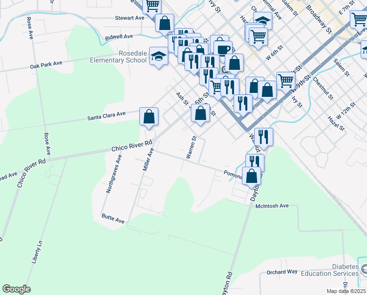 map of restaurants, bars, coffee shops, grocery stores, and more near 621 Pomona Avenue in Chico