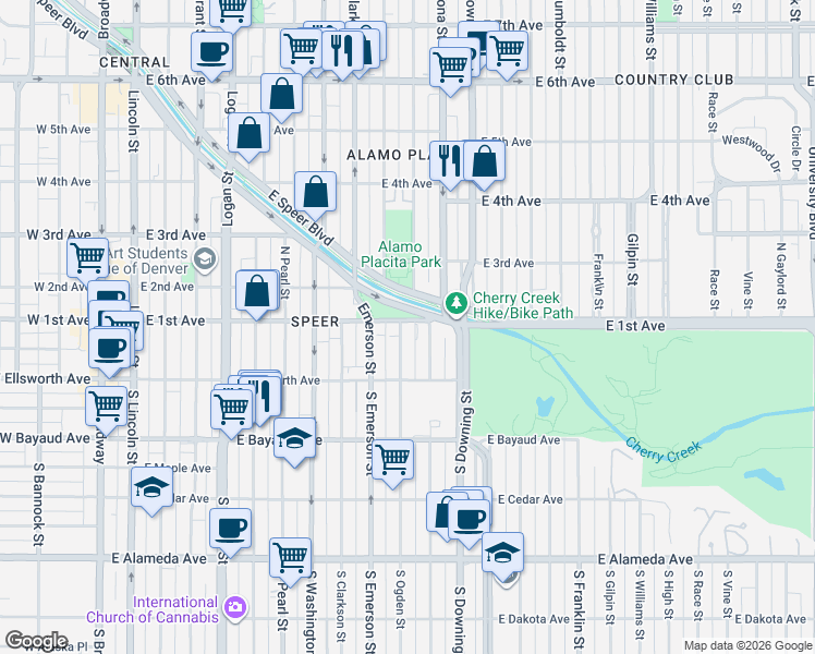 map of restaurants, bars, coffee shops, grocery stores, and more near in Denver