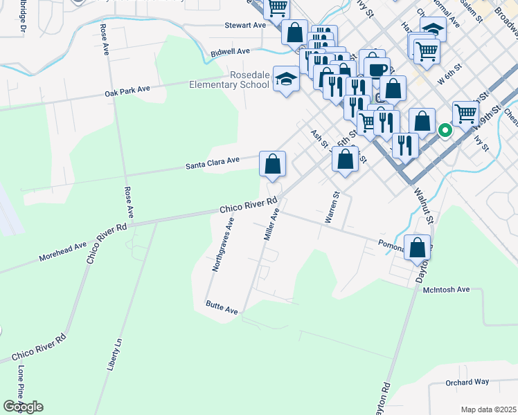 map of restaurants, bars, coffee shops, grocery stores, and more near 1625 Chico River Road in Chico