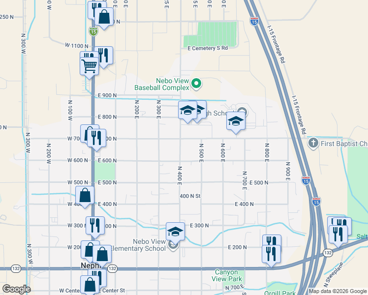 map of restaurants, bars, coffee shops, grocery stores, and more near 670 North 400 East in Nephi
