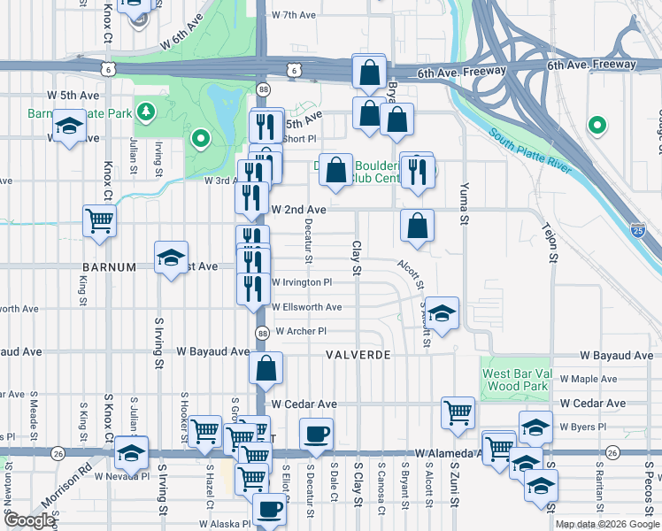 map of restaurants, bars, coffee shops, grocery stores, and more near 2723 West 1st Avenue in Denver