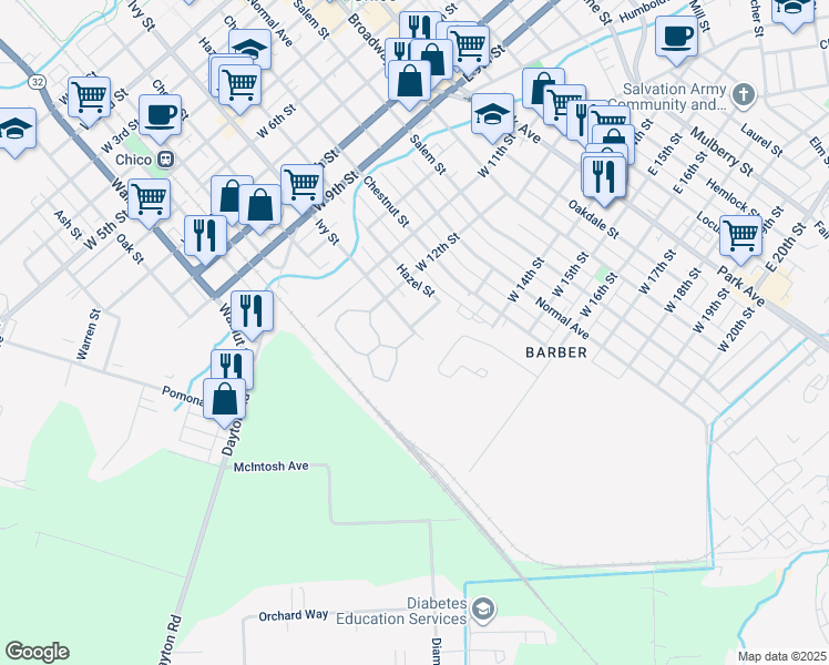map of restaurants, bars, coffee shops, grocery stores, and more near 1331 Ivy Street in Chico