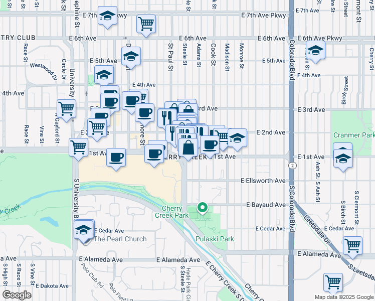 map of restaurants, bars, coffee shops, grocery stores, and more near 135 Adams Street in Denver