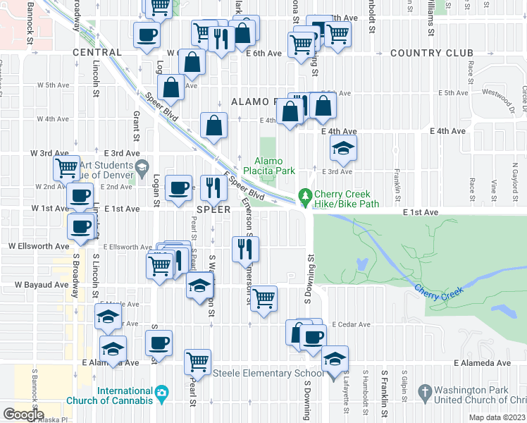 map of restaurants, bars, coffee shops, grocery stores, and more near in Denver