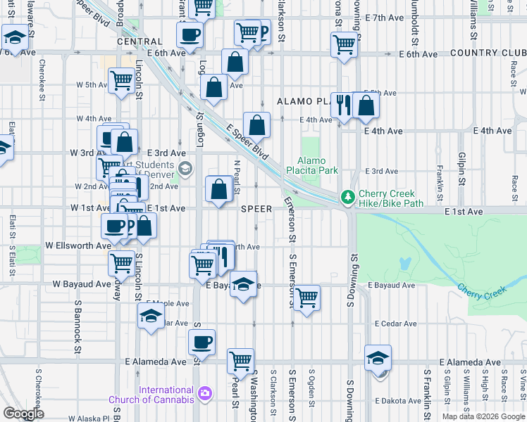 map of restaurants, bars, coffee shops, grocery stores, and more near in Denver