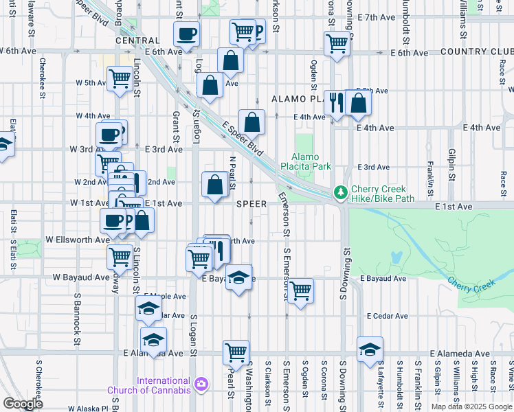 map of restaurants, bars, coffee shops, grocery stores, and more near 703 East 1st Avenue in Denver