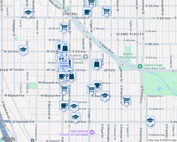 map of restaurants, bars, coffee shops, grocery stores, and more near 104 Grant Street in Denver
