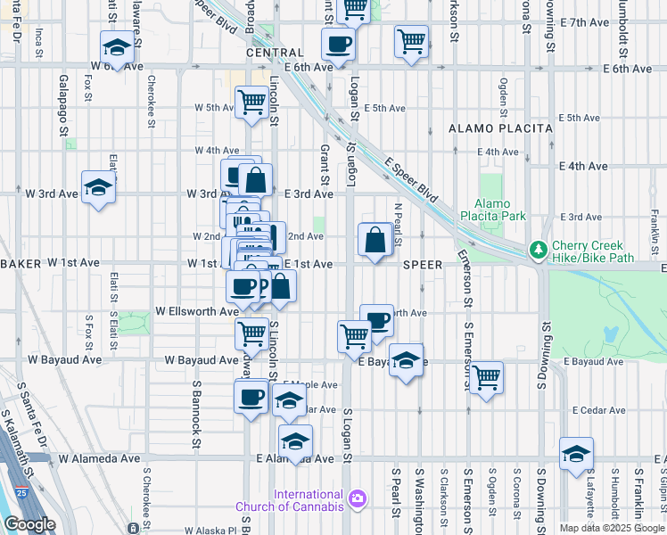 map of restaurants, bars, coffee shops, grocery stores, and more near 86 Grant Street in Denver