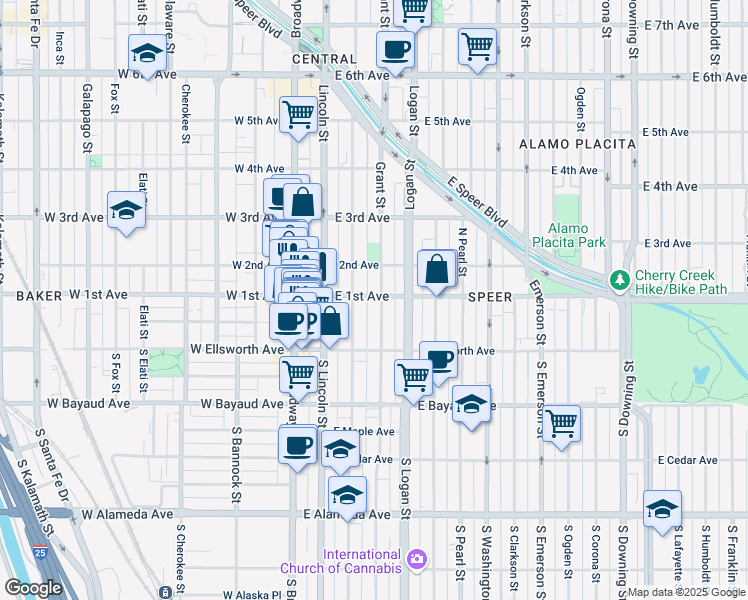 map of restaurants, bars, coffee shops, grocery stores, and more near 104 Grant Street in Denver