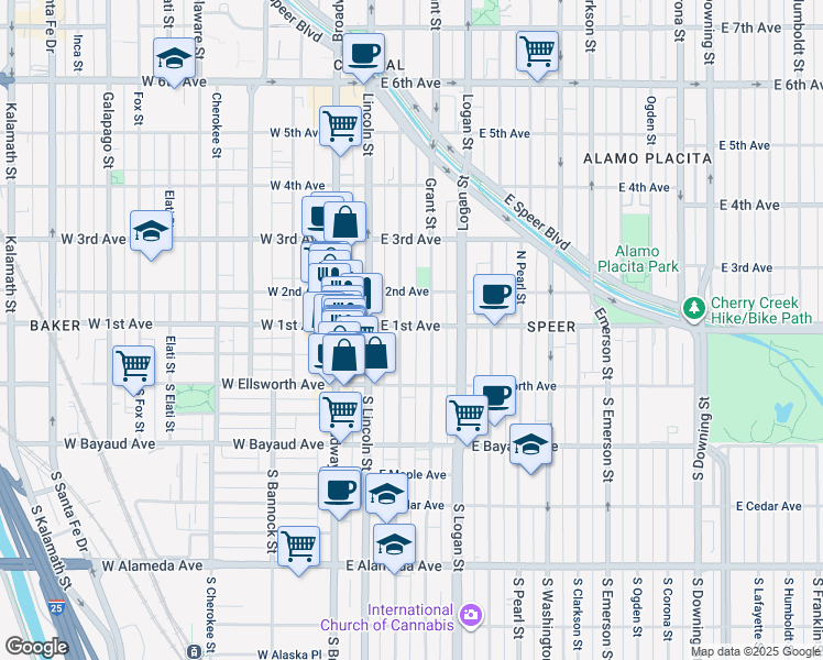map of restaurants, bars, coffee shops, grocery stores, and more near 100 Sherman Street in Denver