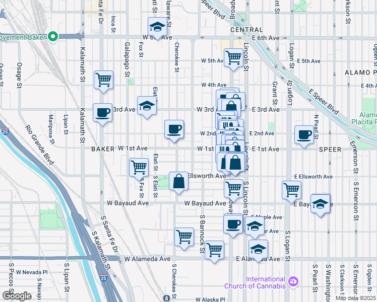 map of restaurants, bars, coffee shops, grocery stores, and more near 201 West 1st Avenue in Denver