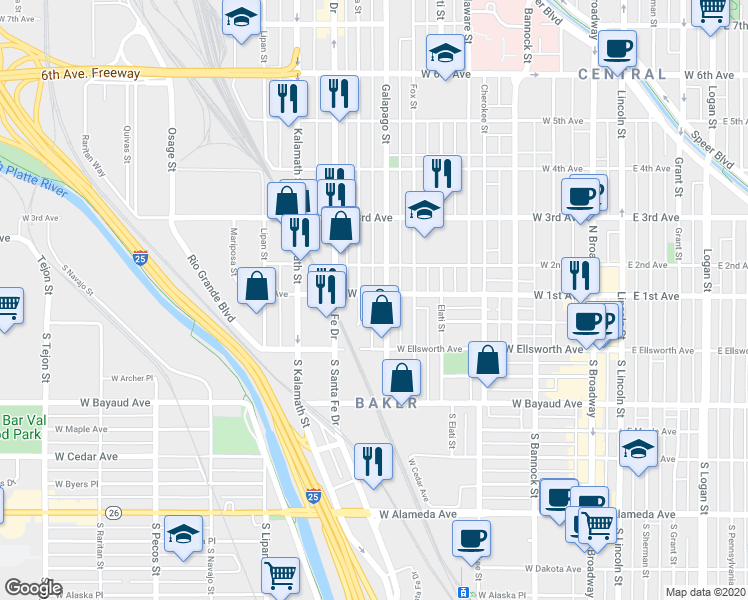 map of restaurants, bars, coffee shops, grocery stores, and more near 721 West 1st Avenue in Denver