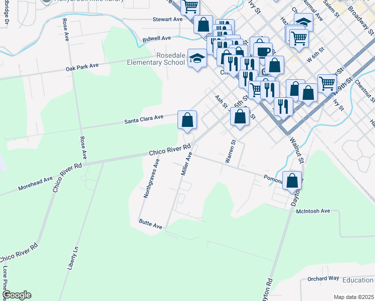 map of restaurants, bars, coffee shops, grocery stores, and more near 501 Miller Avenue in Chico
