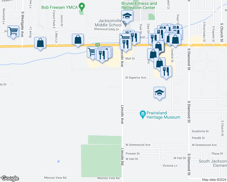 map of restaurants, bars, coffee shops, grocery stores, and more near 1225 Lincoln Avenue in Jacksonville