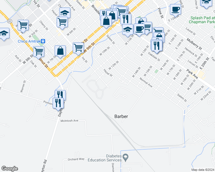 map of restaurants, bars, coffee shops, grocery stores, and more near 1351 Ivy Street in Chico