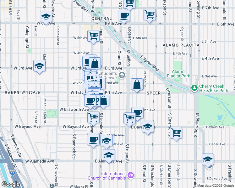 map of restaurants, bars, coffee shops, grocery stores, and more near 104 Grant Street in Denver