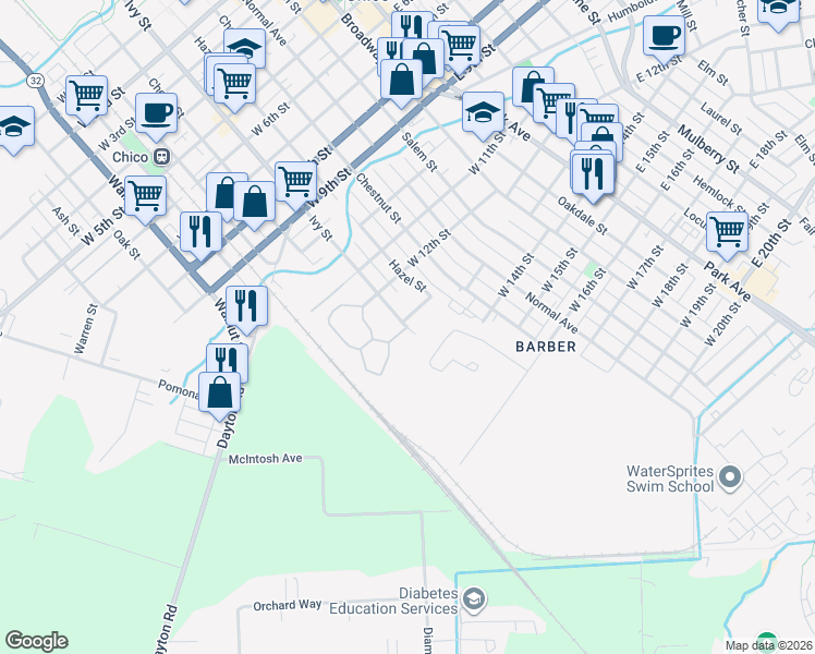 map of restaurants, bars, coffee shops, grocery stores, and more near 1331 Ivy Street in Chico