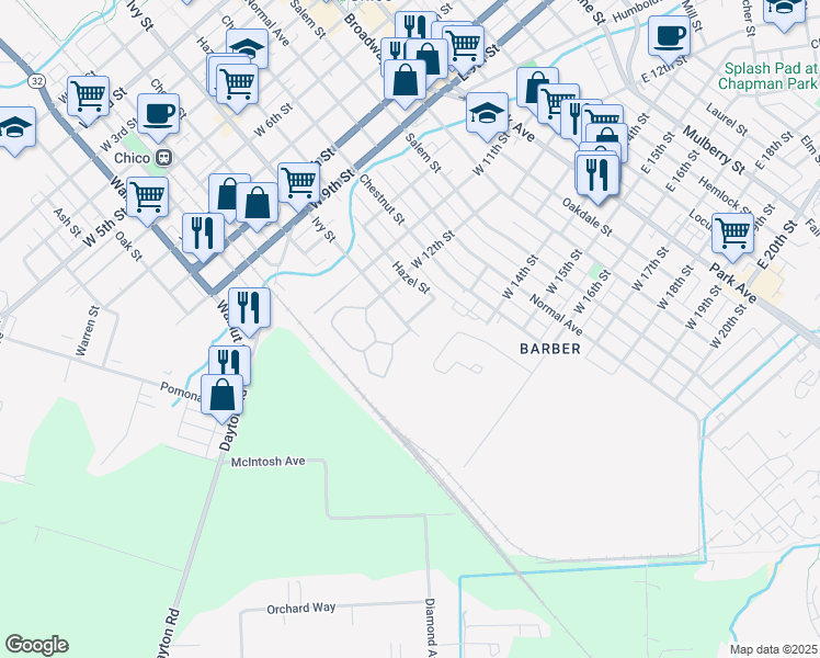 map of restaurants, bars, coffee shops, grocery stores, and more near 1331 Ivy Street in Chico
