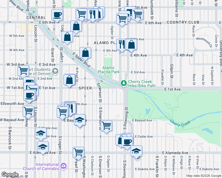 map of restaurants, bars, coffee shops, grocery stores, and more near 1000 East 1st Avenue in Denver