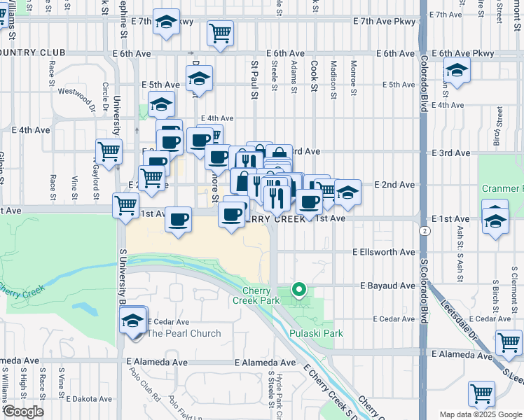 map of restaurants, bars, coffee shops, grocery stores, and more near 100 St Paul St in Denver