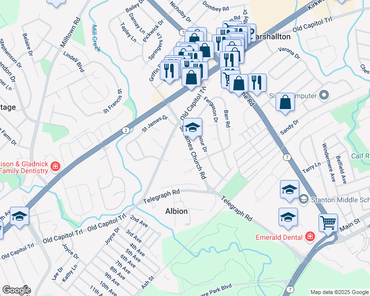 map of restaurants, bars, coffee shops, grocery stores, and more near 2109 Saint James Church Road in Wilmington