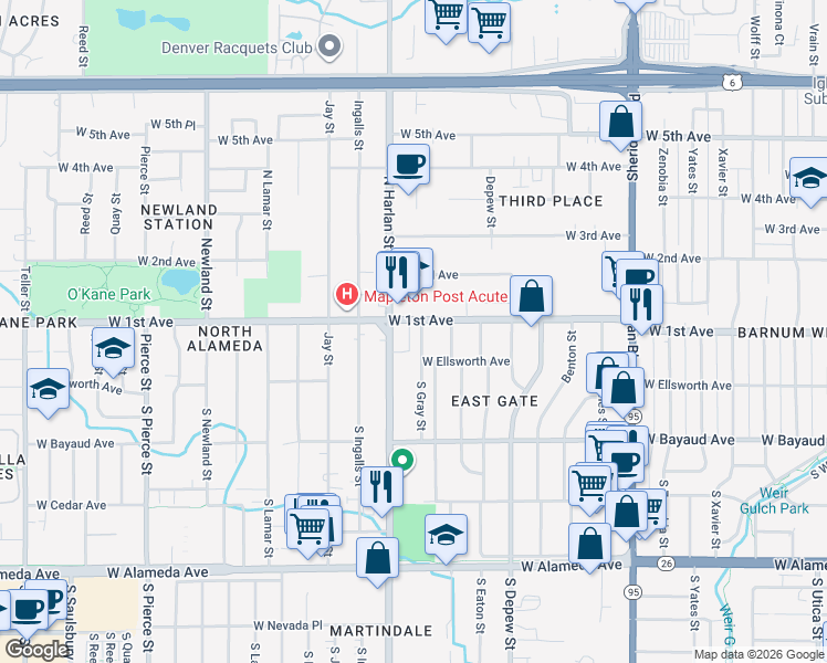 map of restaurants, bars, coffee shops, grocery stores, and more near 83 Gray Street in Lakewood