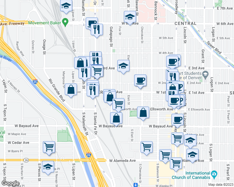 map of restaurants, bars, coffee shops, grocery stores, and more near 614 West 1st Avenue in Denver