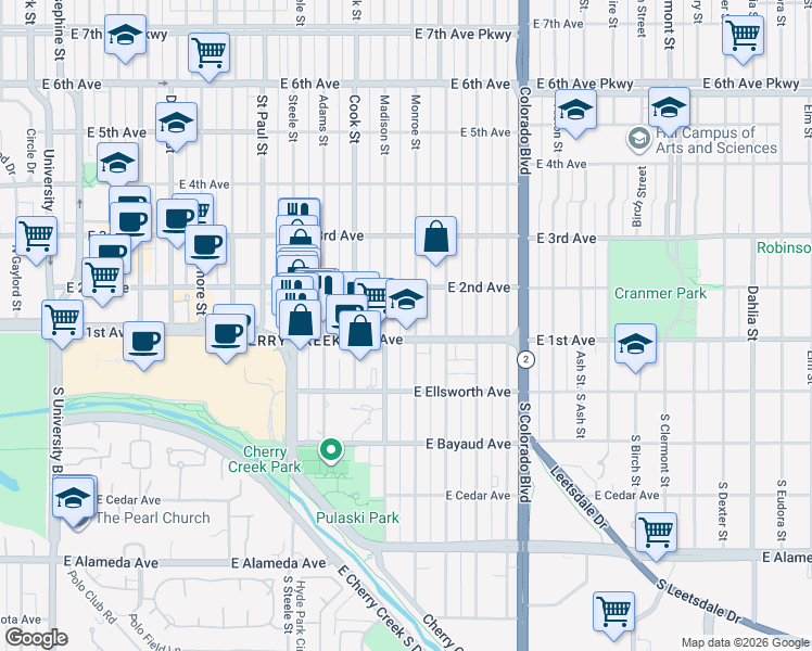 map of restaurants, bars, coffee shops, grocery stores, and more near 101 Monroe Street in Denver