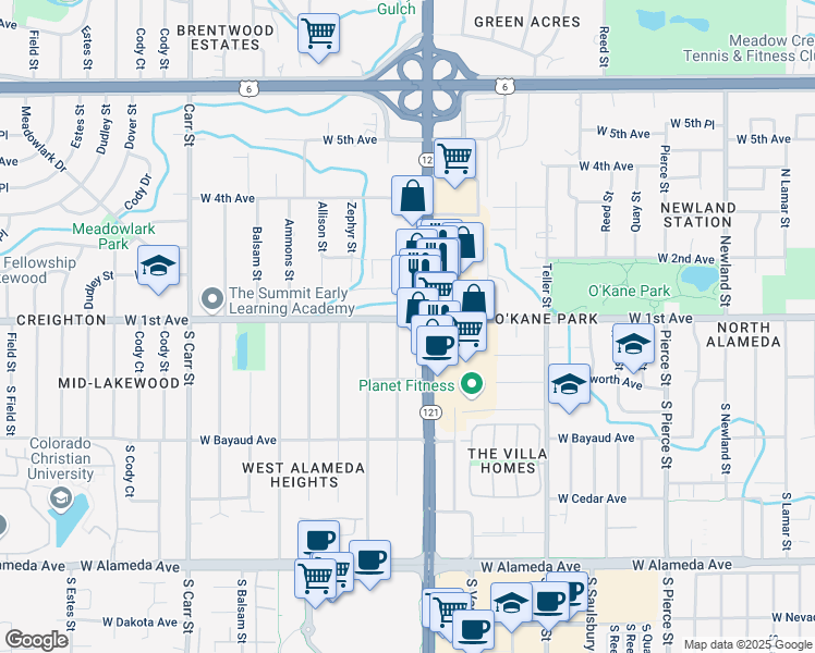 map of restaurants, bars, coffee shops, grocery stores, and more near 80 Yukon Street in Lakewood