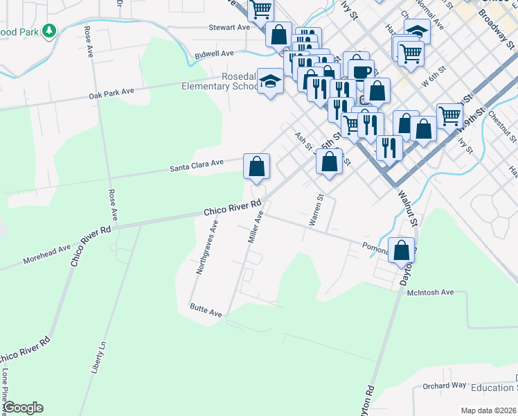 map of restaurants, bars, coffee shops, grocery stores, and more near 501 Miller Avenue in Chico