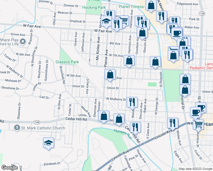 map of restaurants, bars, coffee shops, grocery stores, and more near 3000 Pierce Avenue in Lancaster