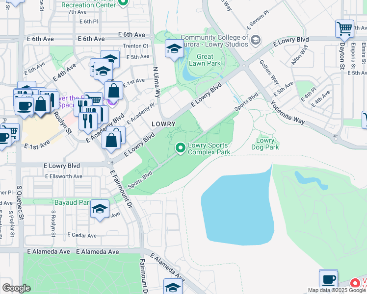 map of restaurants, bars, coffee shops, grocery stores, and more near in Denver