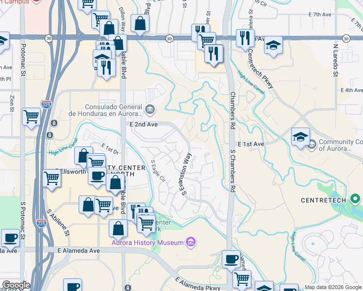 map of restaurants, bars, coffee shops, grocery stores, and more near 29 South Eagle Circle in Aurora