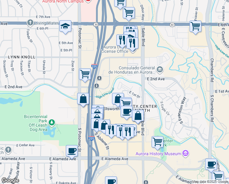 map of restaurants, bars, coffee shops, grocery stores, and more near 14251 East 1st Drive in Aurora