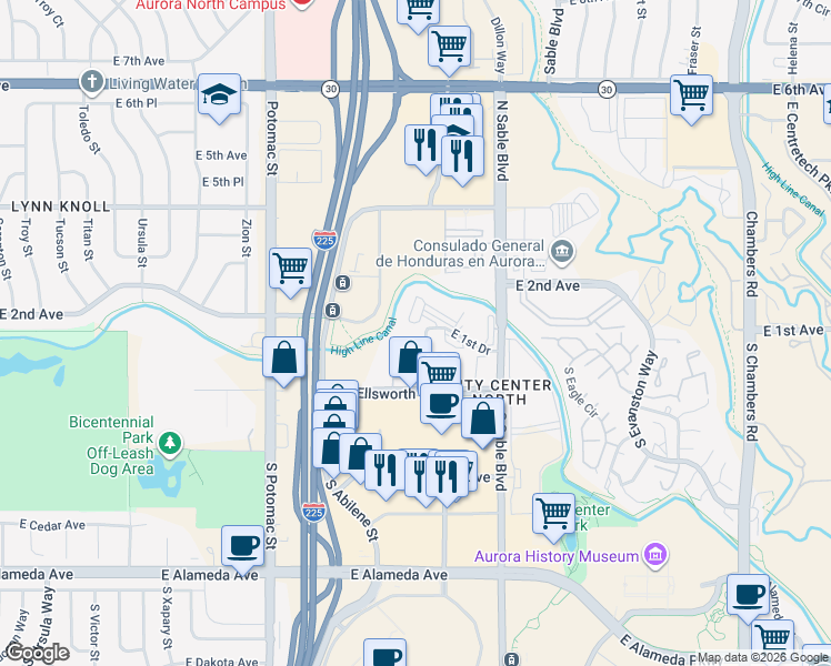 map of restaurants, bars, coffee shops, grocery stores, and more near 14261 East 1st Drive in Aurora