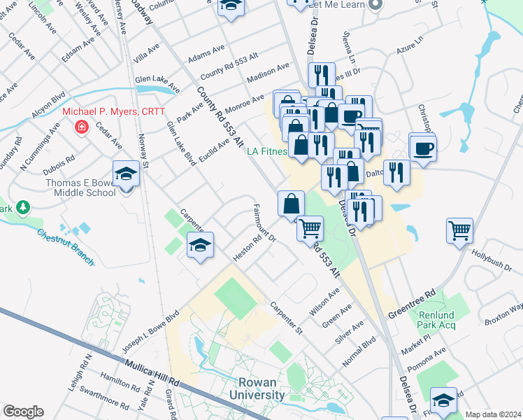 map of restaurants, bars, coffee shops, grocery stores, and more near 8 Fairmount Drive in Glassboro