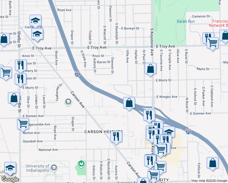 map of restaurants, bars, coffee shops, grocery stores, and more near 1872 East Werges Avenue in Indianapolis