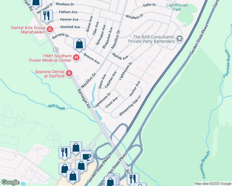 map of restaurants, bars, coffee shops, grocery stores, and more near 993 Starboard Avenue in Stafford Township