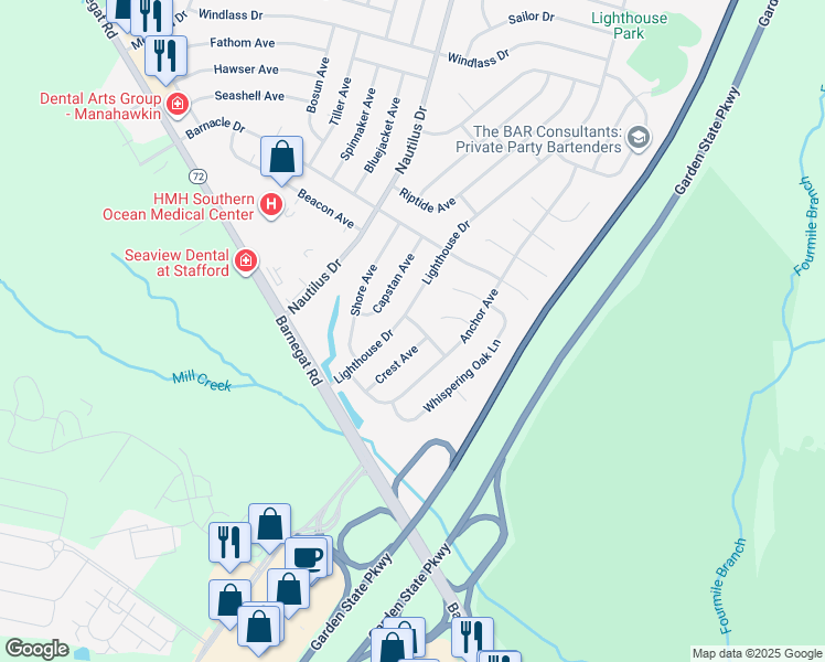 map of restaurants, bars, coffee shops, grocery stores, and more near 993 Starboard Avenue in Stafford Township
