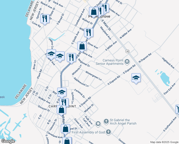 map of restaurants, bars, coffee shops, grocery stores, and more near 243 Wintergreen Lane in Penns Grove