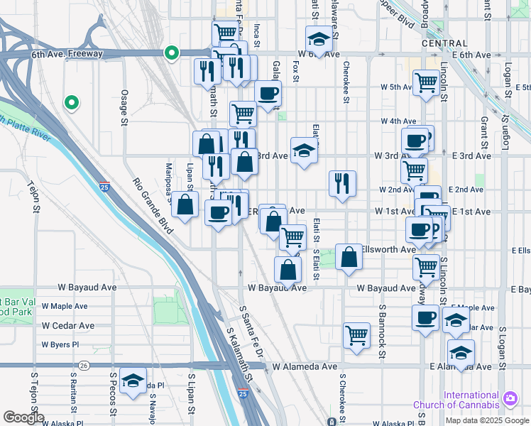 map of restaurants, bars, coffee shops, grocery stores, and more near 724 West 1st Avenue in Denver