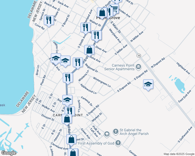 map of restaurants, bars, coffee shops, grocery stores, and more near 243 Wintergreen Lane in Penns Grove